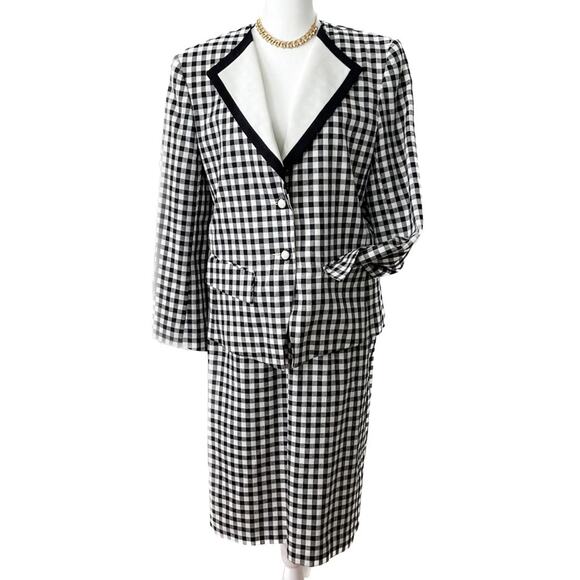 Vintage black & white checkerboard plaid blazer jacket skirt suit set size 6/8 - Picture 1 of 10